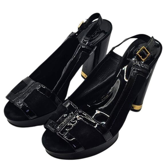 Tory Burch Sample Gemma Black Suede & Patent Leather Platform Heel Slingback - Picture 2 of 10
